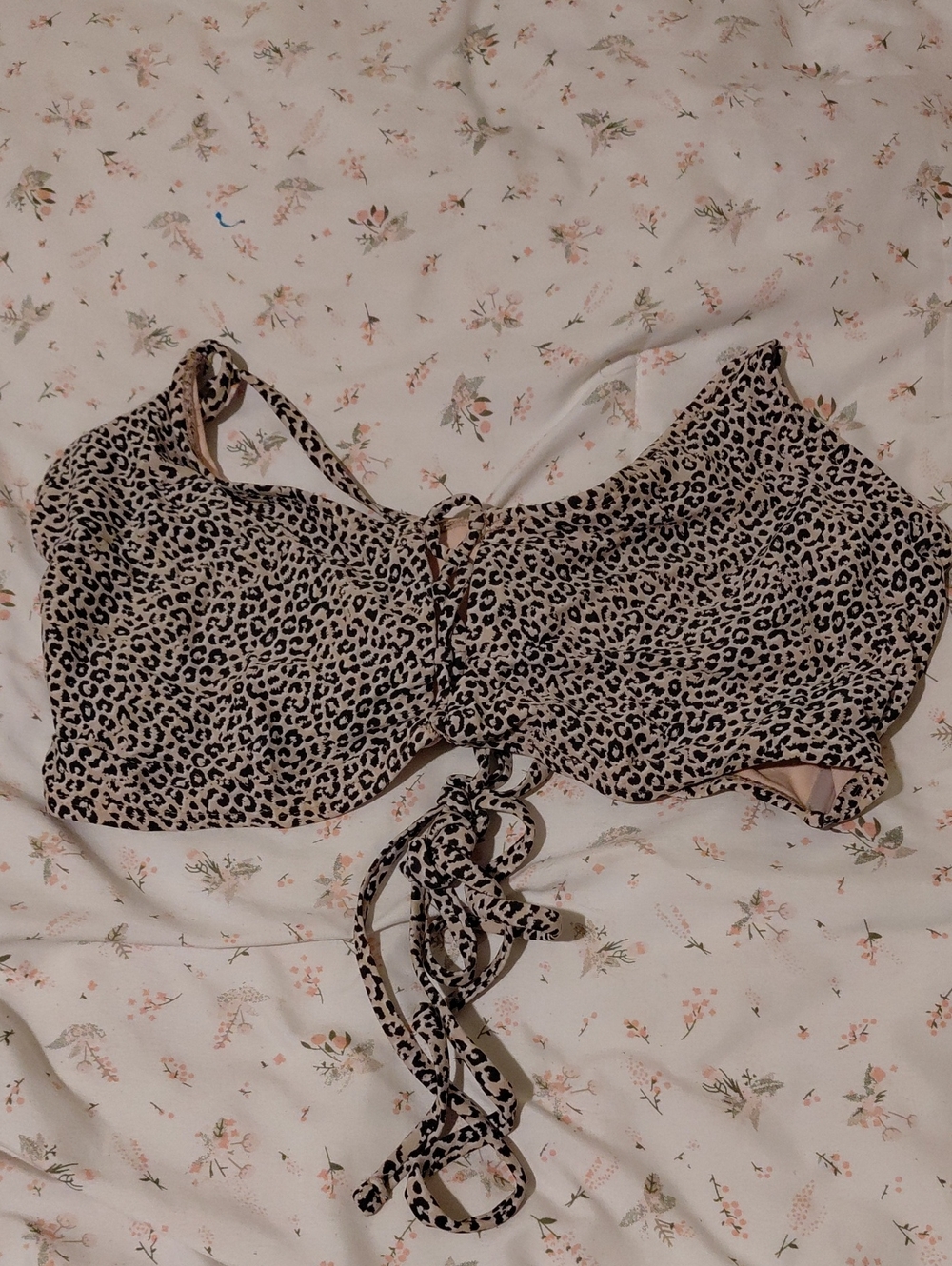 Xhilaration Leopard Lace-Up Bikini Top in Beige and Black